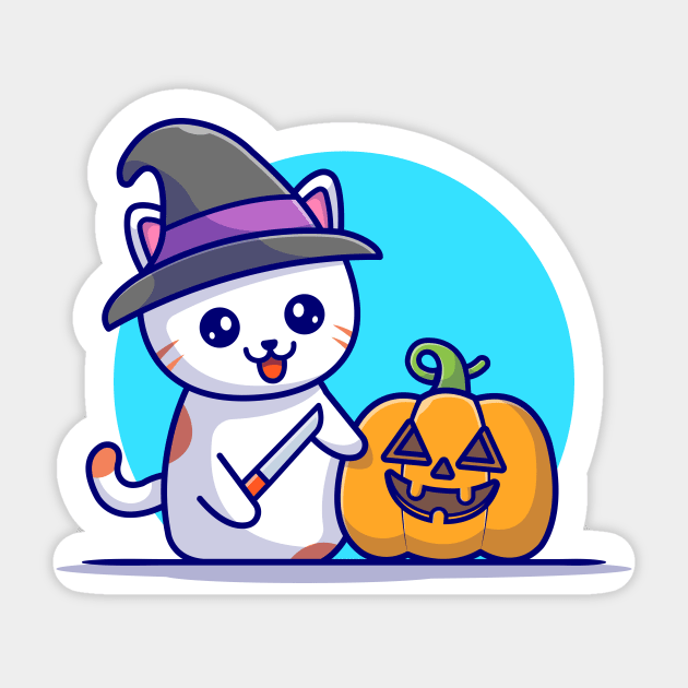 Cute Witch Cat With Pumpkin Halloween Cartoon Vector Icon Illustration Sticker by Catalyst Labs